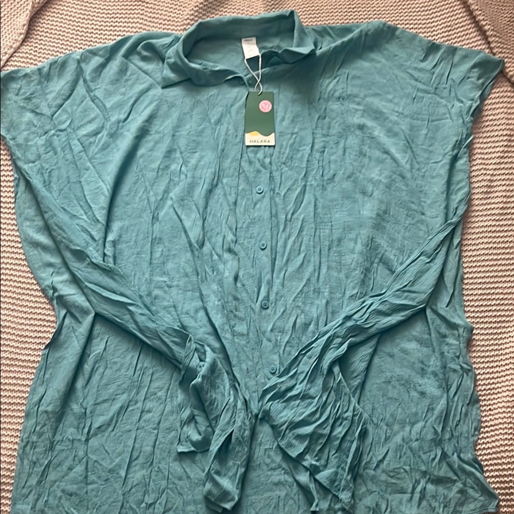 Teal Button-Up Dress or Coverup with Tie Detail